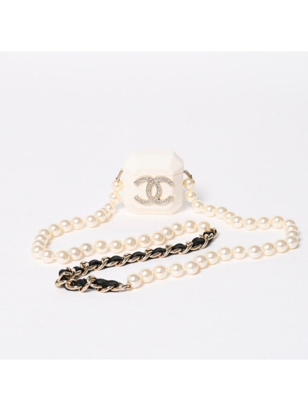 Chanel Airpods Case Necklace CC Logo Strass Metal Lambskin Resin Pearl White
